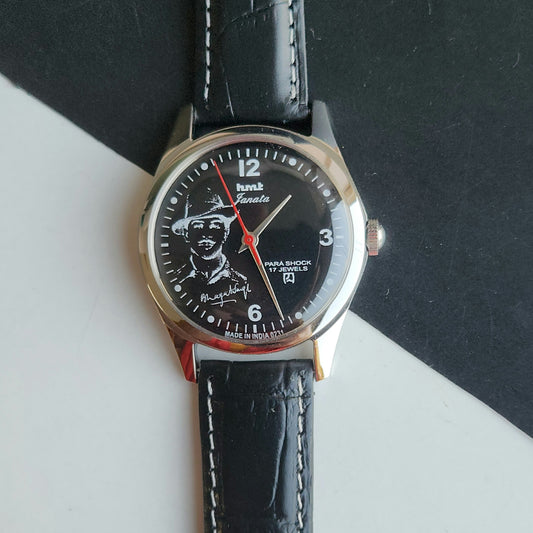 Vintage MOD HMT Janata Bhagat Singh Hand Winding 17 Jewels Black Face black Leather Strap Men's Wrist Watch J29