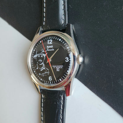 Vintage MOD HMT Janata Bhagat Singh Hand Winding 17 Jewels Black Face black Leather Strap Men's Wrist Watch J29