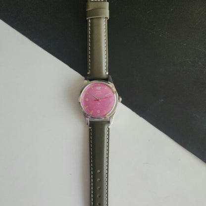 Vintage HMT Jawan Hand Winding 17 Jewels Purple Face Green Leather Strap Men's Wrist Watch J38