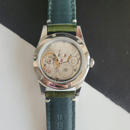 Vintage HMT Jawan Hand Winding 17 Jewels White Face Green Leather Strap Men's Wrist Watch J38