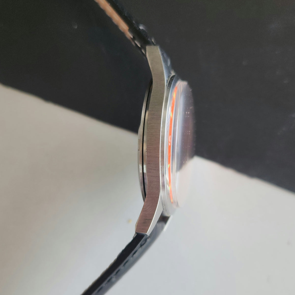 Vintage HMT Jawan Hand Winding 17 Jewels Orange Face Black Leather Strap Men's Wrist Watch J39