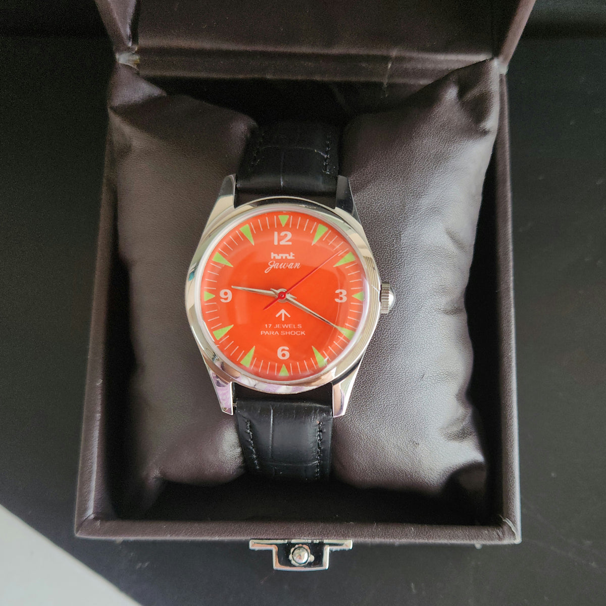 Vintage HMT Jawan Hand Winding 17 Jewels Orange Face Black Leather Strap Men's Wrist Watch J39