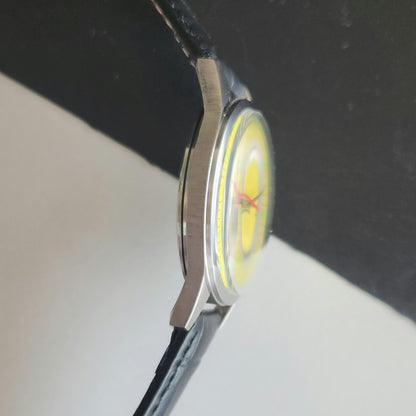 Vintage HMT Jawan Hand Winding 17 Jewels Yellow Face Black Leather Strap Men's Wrist Watch J40
