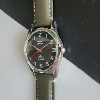 Vintage HMT Jawan Hand Winding 17 Jewels Black Face Green Leather Strap Men's Wrist Watch J41