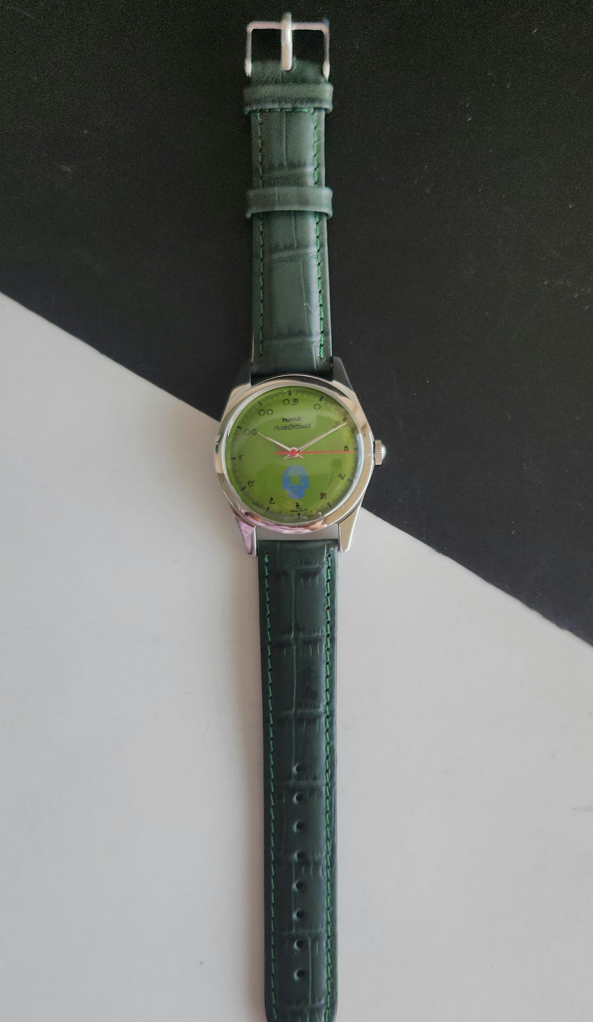 Vintage MOD HMT Gandaberunda Hand Winding 17 Jewels Green Face Green Leather Strap Men's Wrist Watch J42