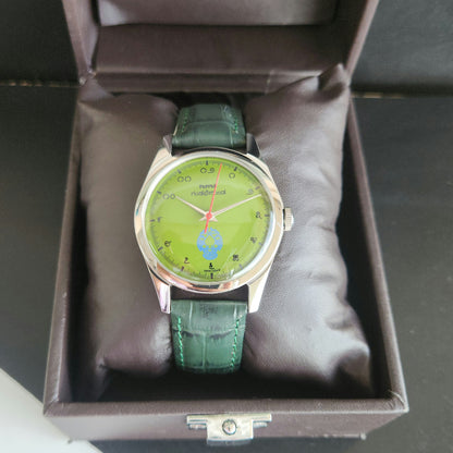 Vintage MOD HMT Gandaberunda Hand Winding 17 Jewels Green Face Green Leather Strap Men's Wrist Watch J42