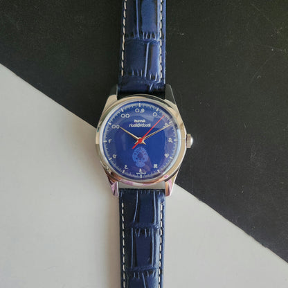 Vintage MOD HMT Gandaberunda Hand Winding 17 Jewels Blue Face Blue Leather Strap Men's Wrist Watch J43
