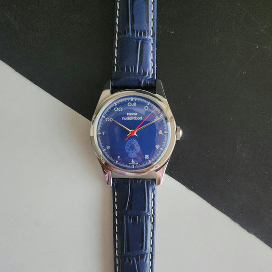 Vintage MOD HMT Gandaberunda Hand Winding 17 Jewels Blue Face Blue Leather Strap Men's Wrist Watch J43