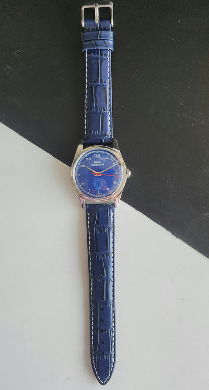Vintage MOD HMT Gandaberunda Hand Winding 17 Jewels Blue Face Blue Leather Strap Men's Wrist Watch J43