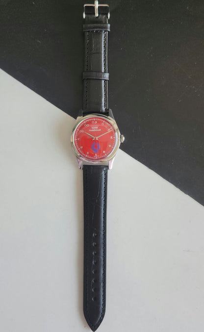 Vintage MOD HMT Gandaberunda Hand Winding 17 Jewels Red Face Black Leather Strap Men's Wrist Watch J44