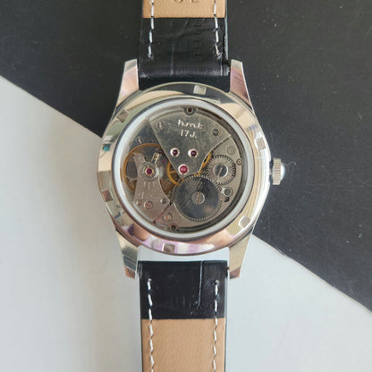 Vintage MOD HMT Gandaberunda Hand Winding 17 Jewels Red Face Black Leather Strap Men's Wrist Watch J44