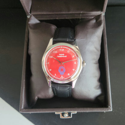 Vintage MOD HMT Gandaberunda Hand Winding 17 Jewels Red Face Black Leather Strap Men's Wrist Watch J44