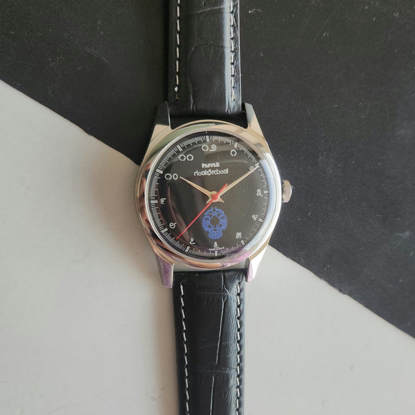Vintage MOD HMT Gandaberunda Hand Winding 17 Jewels Black Face Black Leather Strap Men's Wrist Watch J45