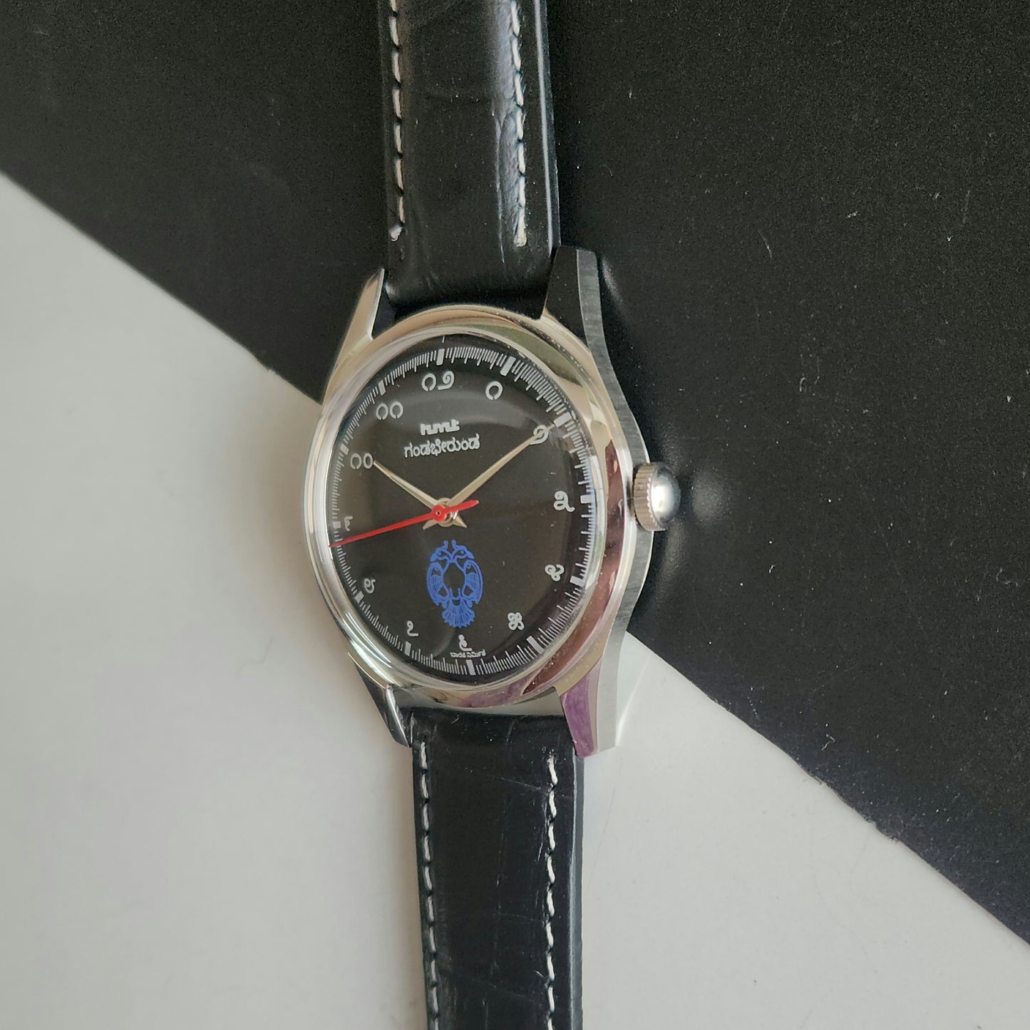 Vintage MOD HMT Gandaberunda Hand Winding 17 Jewels Black Face Black Leather Strap Men's Wrist Watch J45