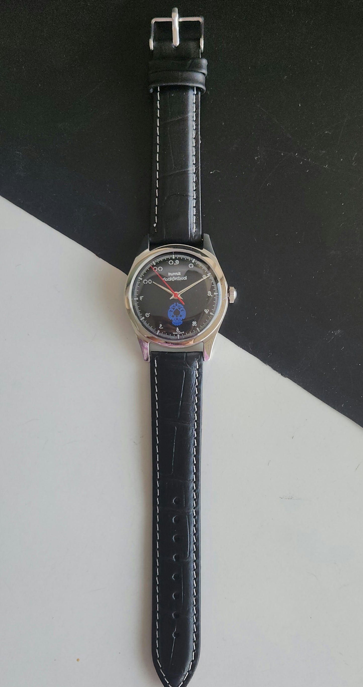 Vintage MOD HMT Gandaberunda Hand Winding 17 Jewels Black Face Black Leather Strap Men's Wrist Watch J45