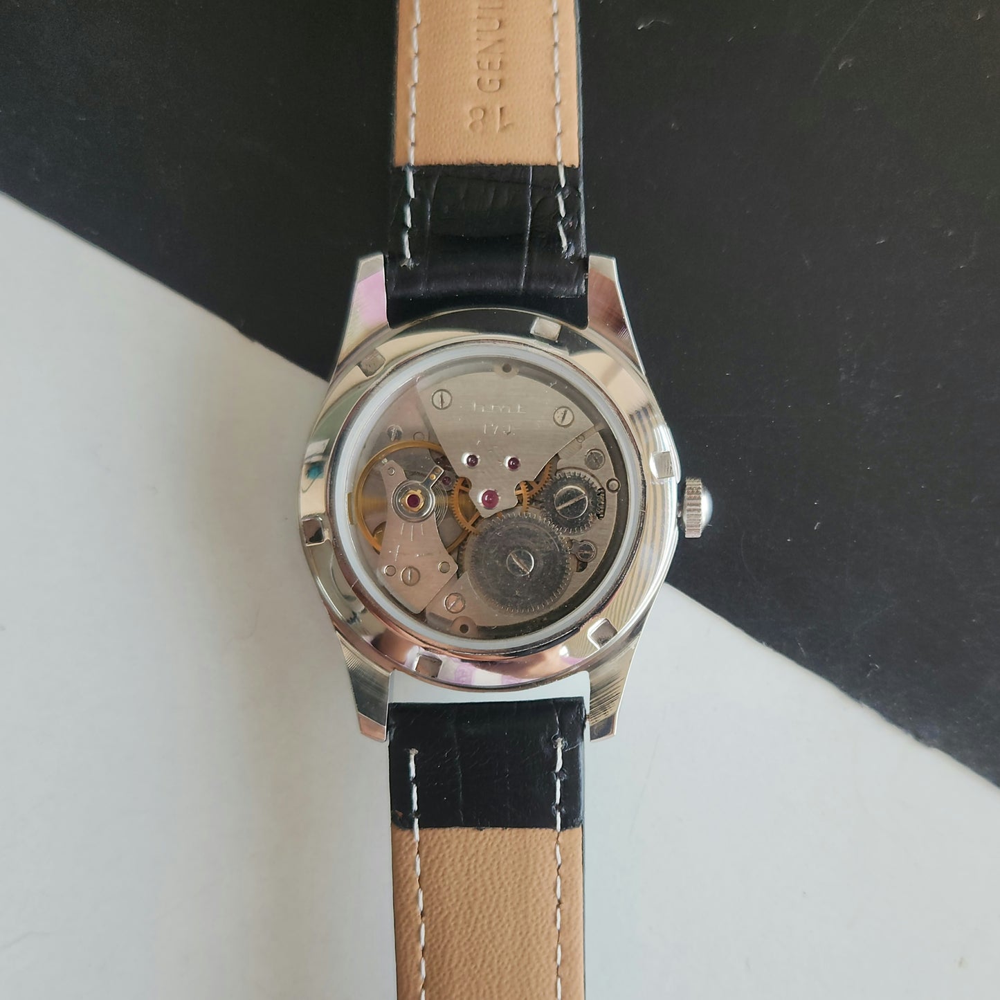 Vintage MOD HMT Gandaberunda Hand Winding 17 Jewels Black Face Black Leather Strap Men's Wrist Watch J45