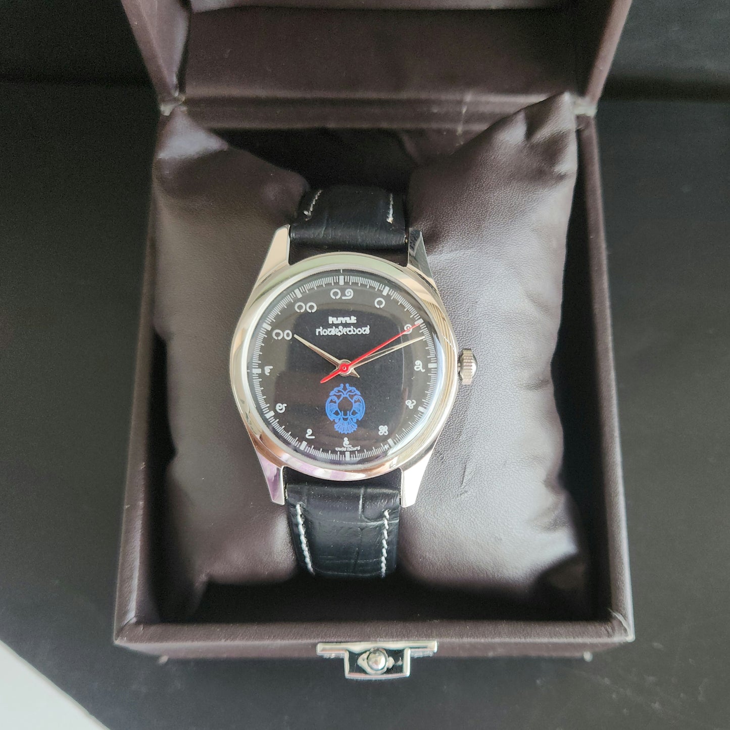 Vintage MOD HMT Gandaberunda Hand Winding 17 Jewels Black Face Black Leather Strap Men's Wrist Watch J45