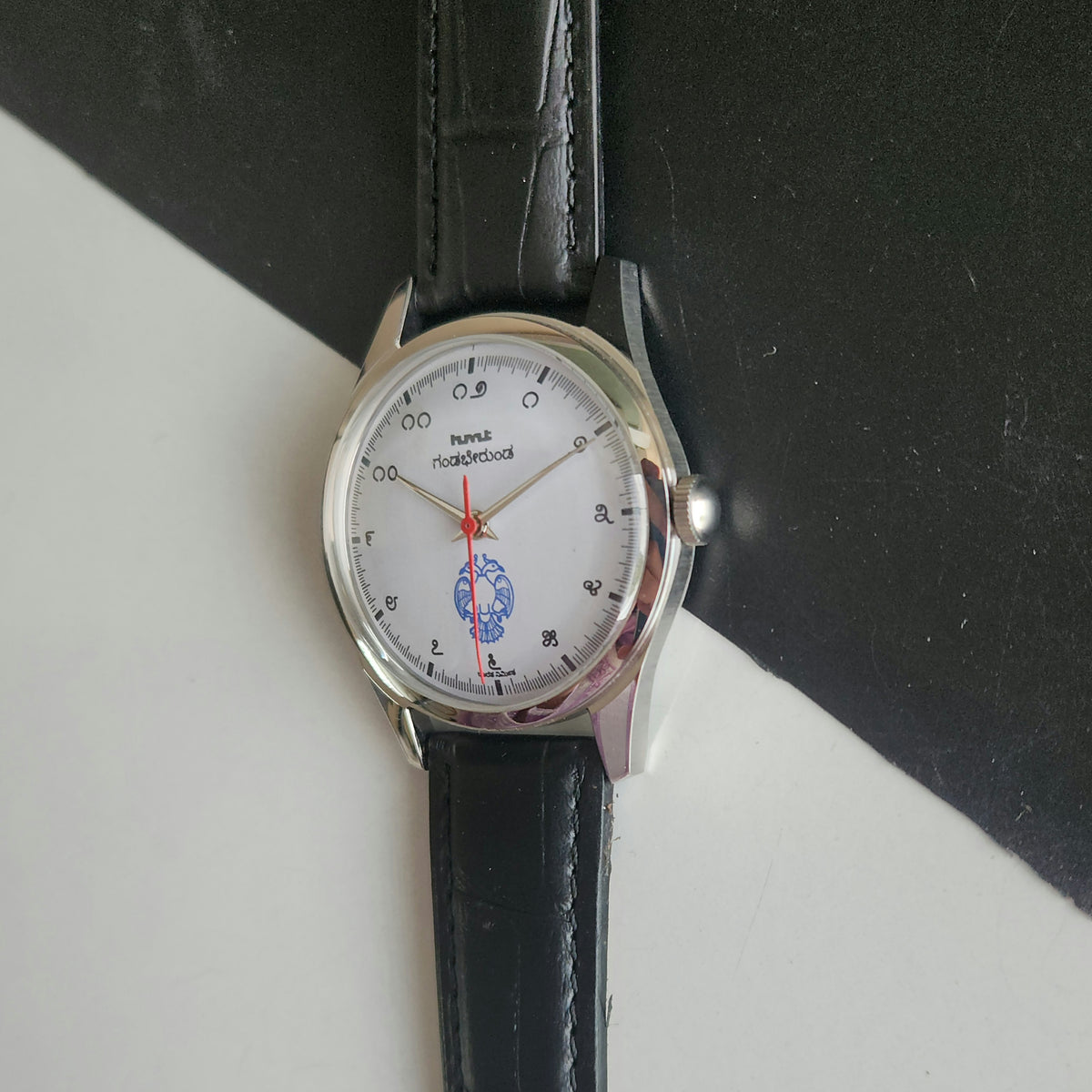Vintage MOD HMT Gandaberunda Hand Winding 17 Jewels White Face Black Leather Strap Men's Wrist Watch J46