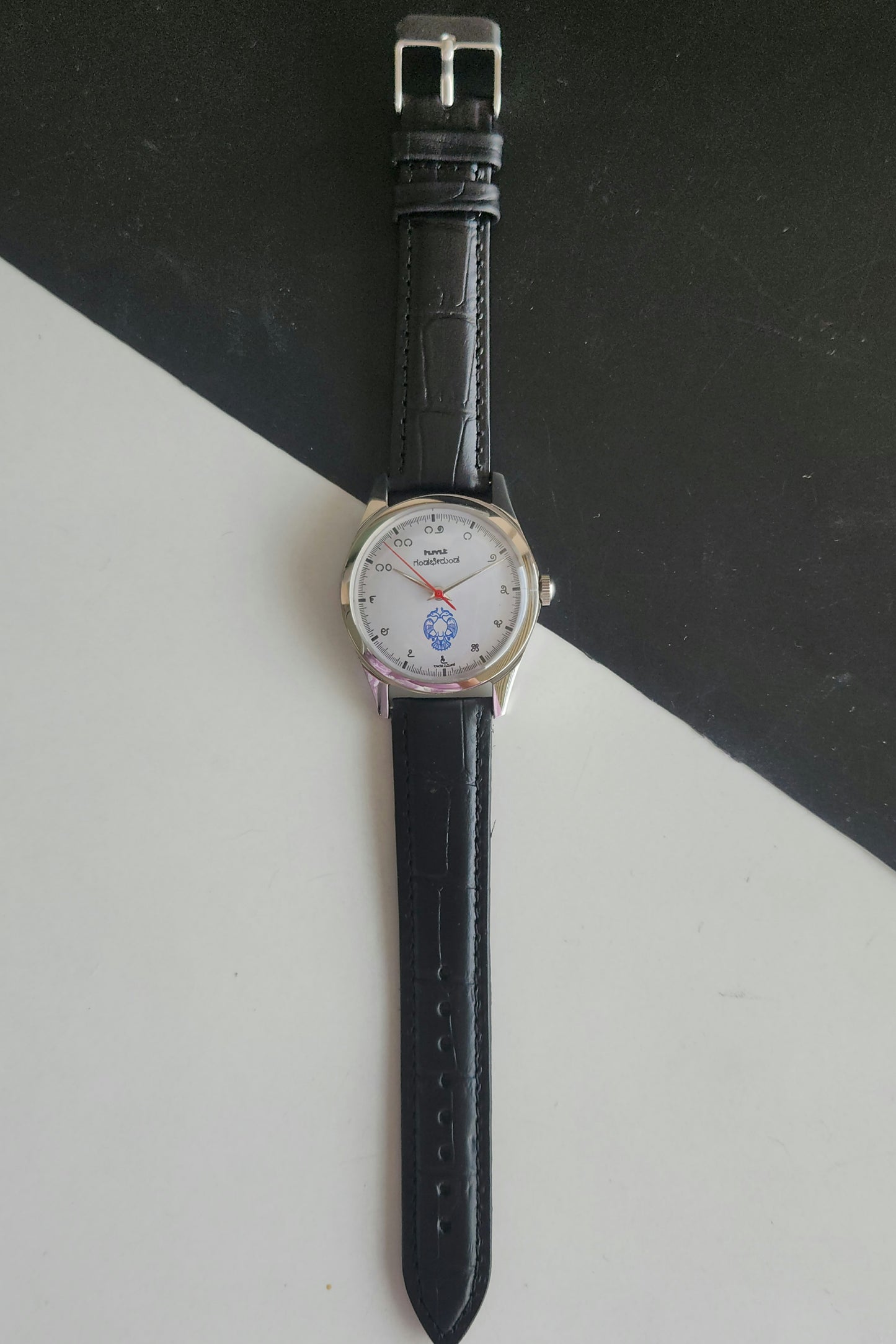 Vintage MOD HMT Gandaberunda Hand Winding 17 Jewels White Face Black Leather Strap Men's Wrist Watch J46