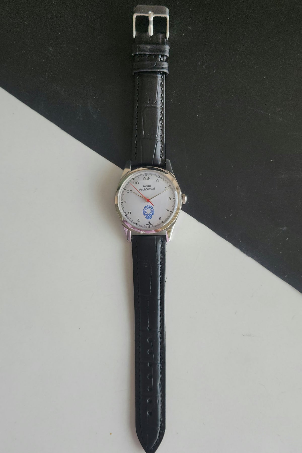Vintage MOD HMT Gandaberunda Hand Winding 17 Jewels White Face Black Leather Strap Men's Wrist Watch J46