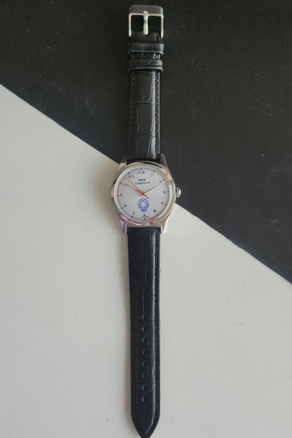 Vintage MOD HMT Gandaberunda Hand Winding 17 Jewels White Face Black Leather Strap Men's Wrist Watch J46