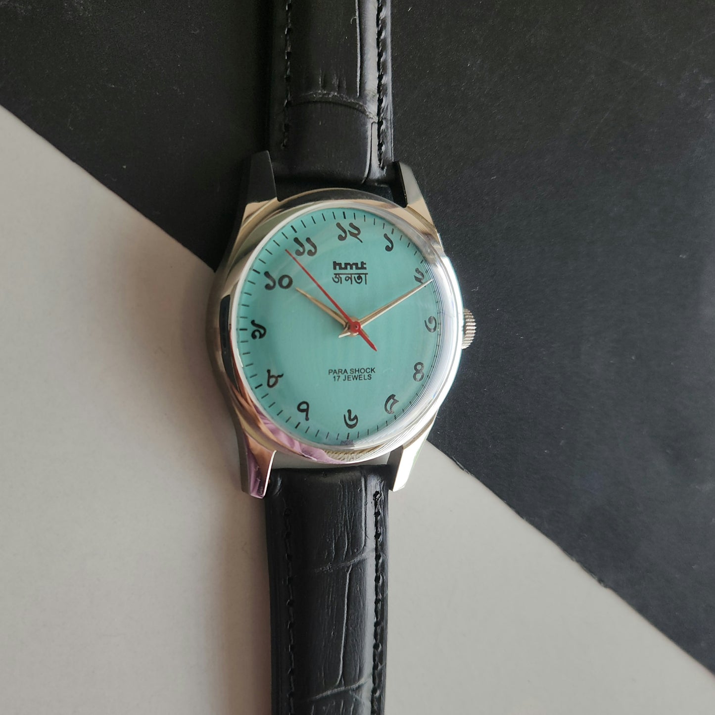 Vintage MOD HMT Janata Bangla Hand Winding 17 Jewels Tiffany Blue Face Black Leather Strap Men's Wrist Watch J31