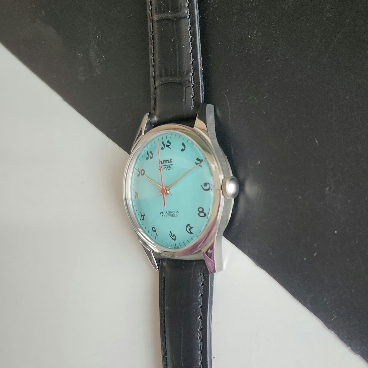 Vintage MOD HMT Janata Bangla Hand Winding 17 Jewels Tiffany Blue Face Black Leather Strap Men's Wrist Watch J31