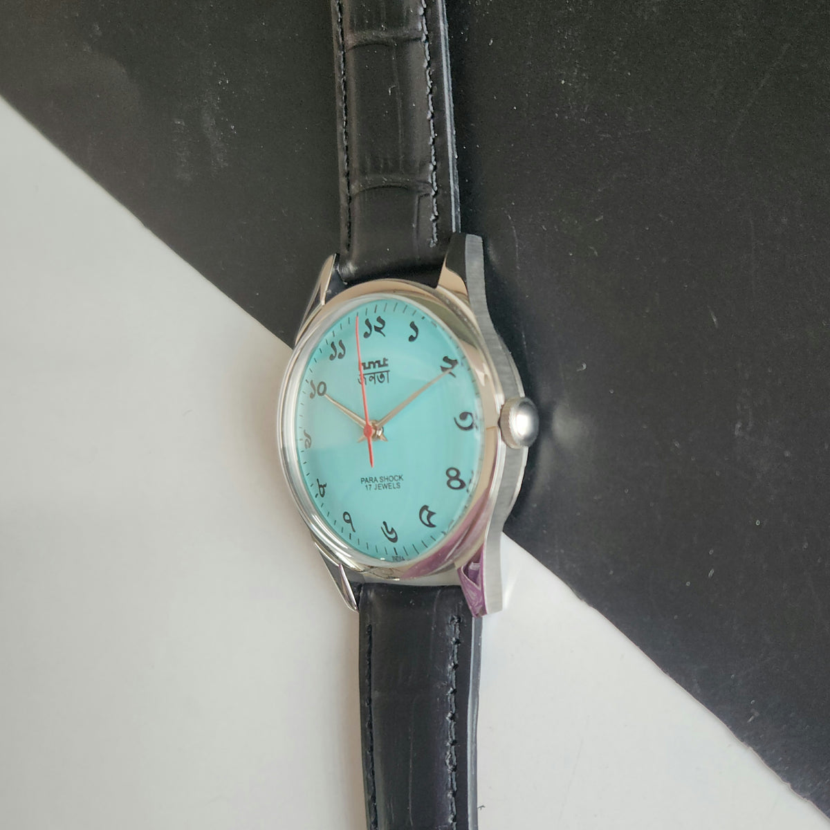 Vintage MOD HMT Janata Bangla Hand Winding 17 Jewels Tiffany Blue Face Black Leather Strap Men's Wrist Watch J31