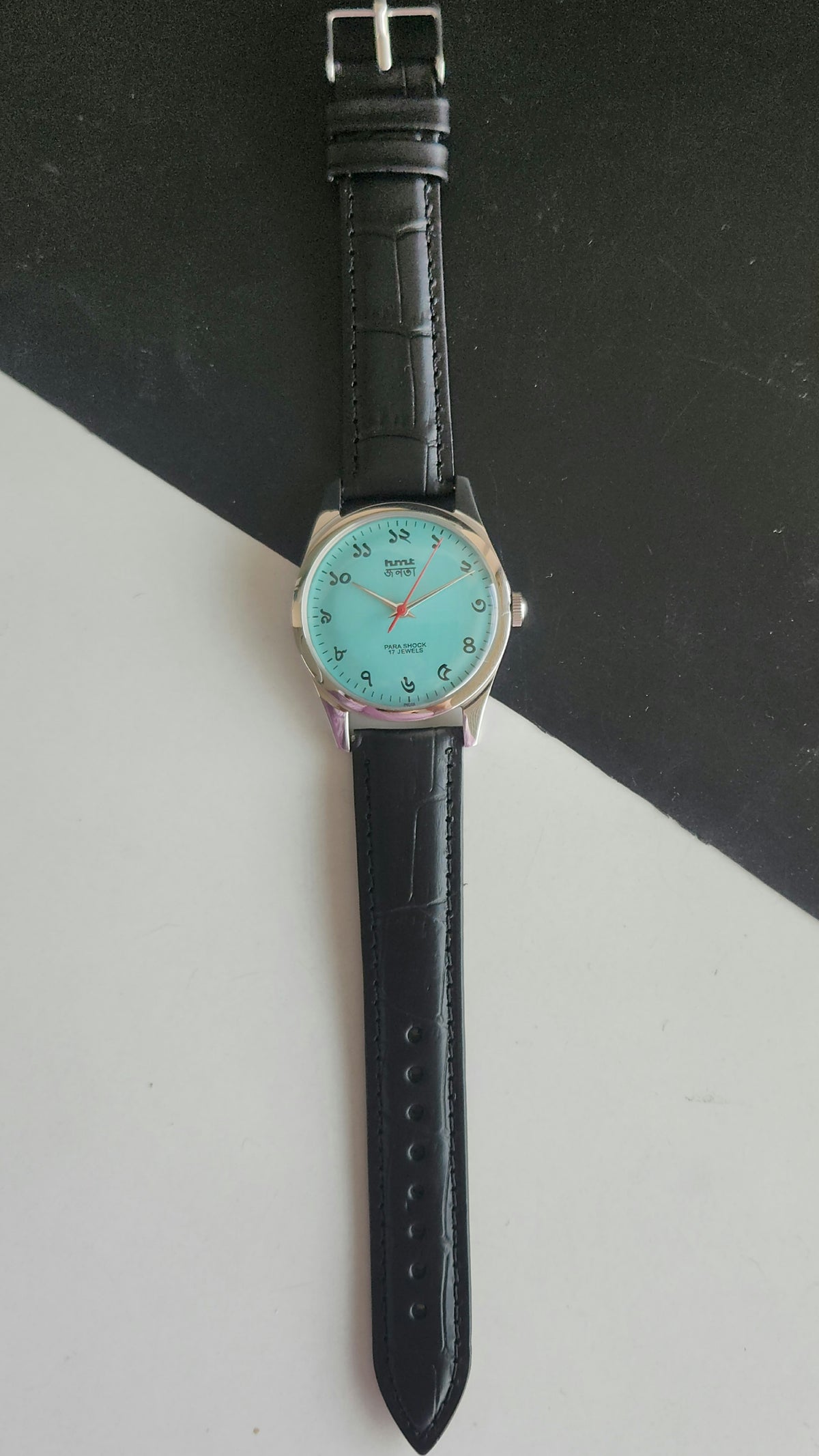Vintage MOD HMT Janata Bangla Hand Winding 17 Jewels Tiffany Blue Face Black Leather Strap Men's Wrist Watch J31