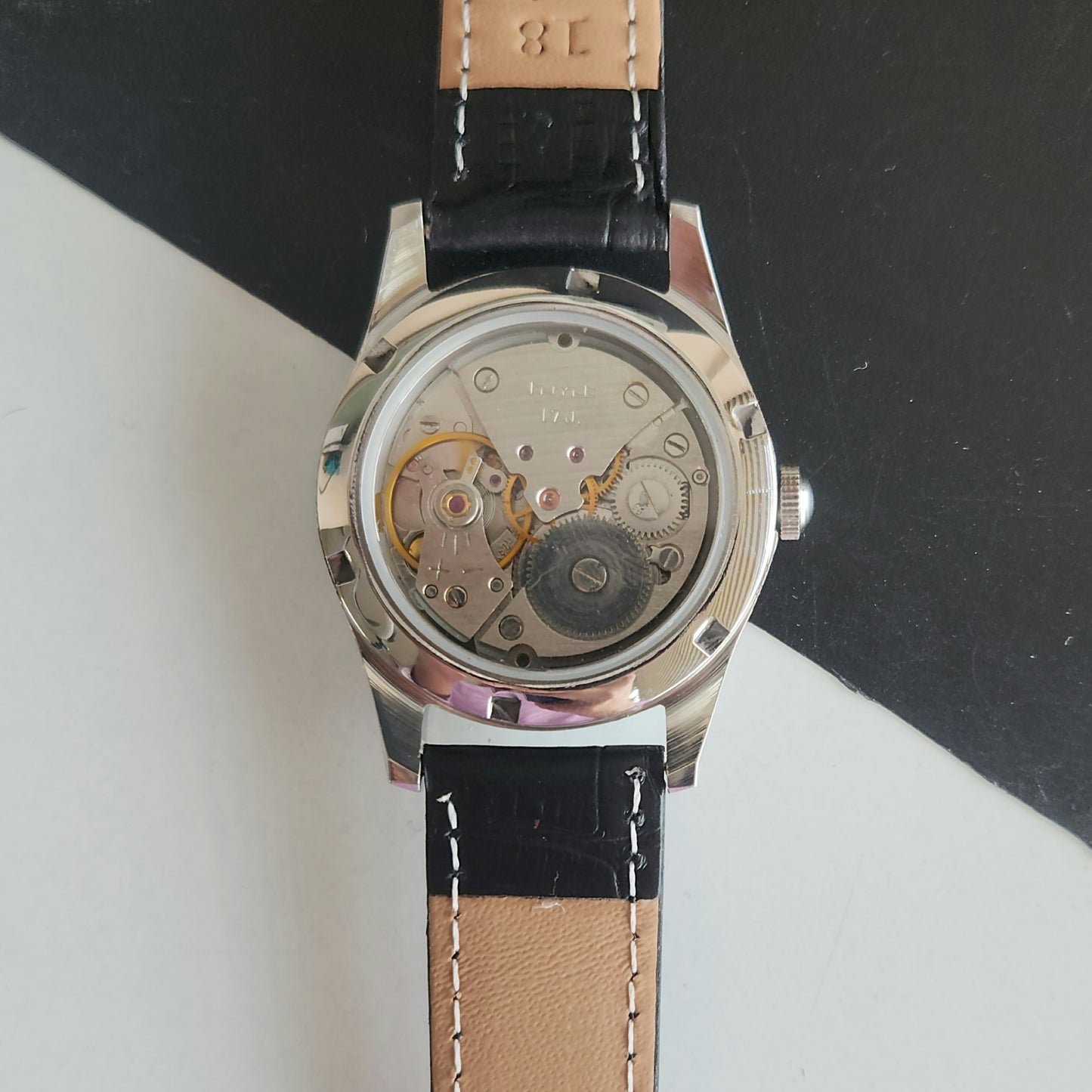 Vintage MOD HMT Janata Bangla Hand Winding 17 Jewels Tiffany Blue Face Black Leather Strap Men's Wrist Watch J31