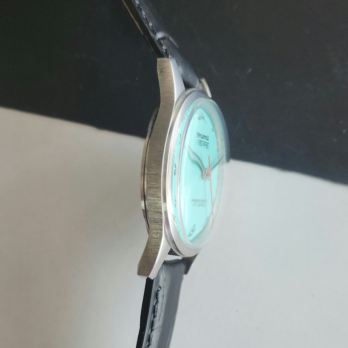 Vintage MOD HMT Janata Bangla Hand Winding 17 Jewels Tiffany Blue Face Black Leather Strap Men's Wrist Watch J31