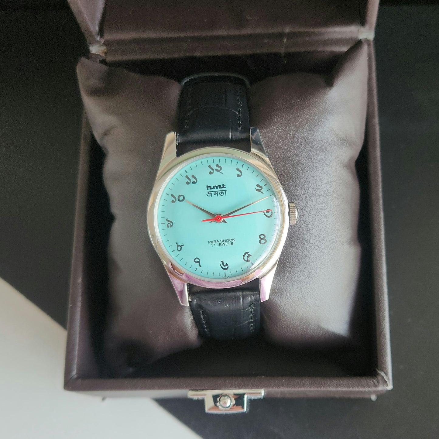 Vintage MOD HMT Janata Bangla Hand Winding 17 Jewels Tiffany Blue Face Black Leather Strap Men's Wrist Watch J31