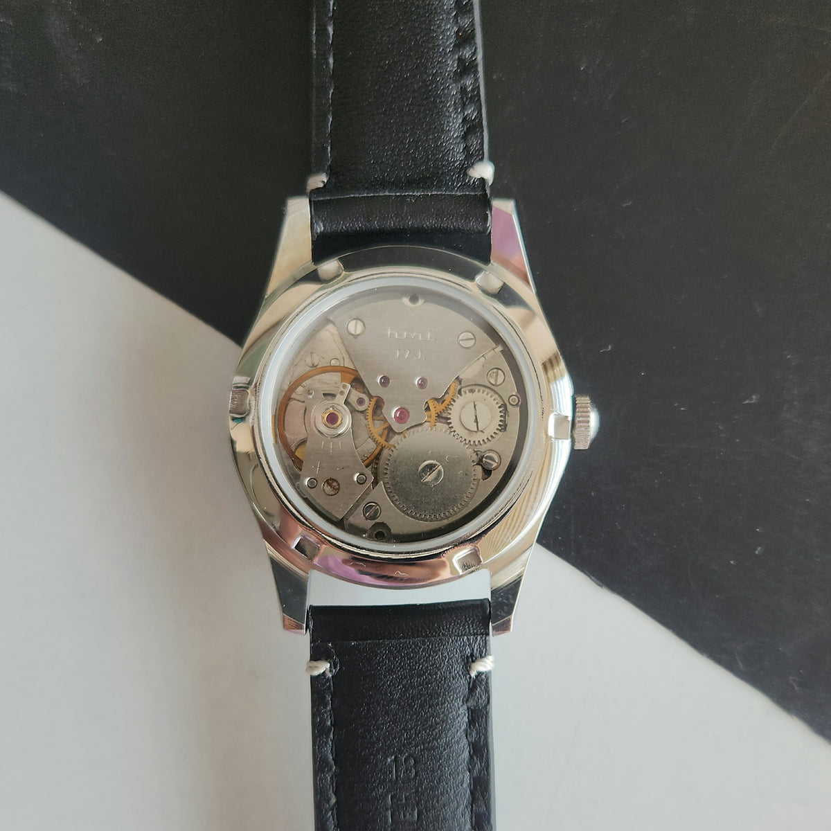 Vintage MOD HMT Janata Bangla Hand Winding 17 Jewels White Face Black Leather Strap Men's Wrist Watch J32