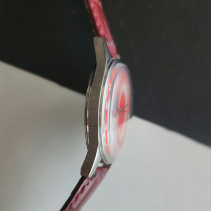 Vintage MOD HMT Janata Bangla Hand Winding 17 Jewels Red Face Red Leather Strap Men's Wrist Watch J34
