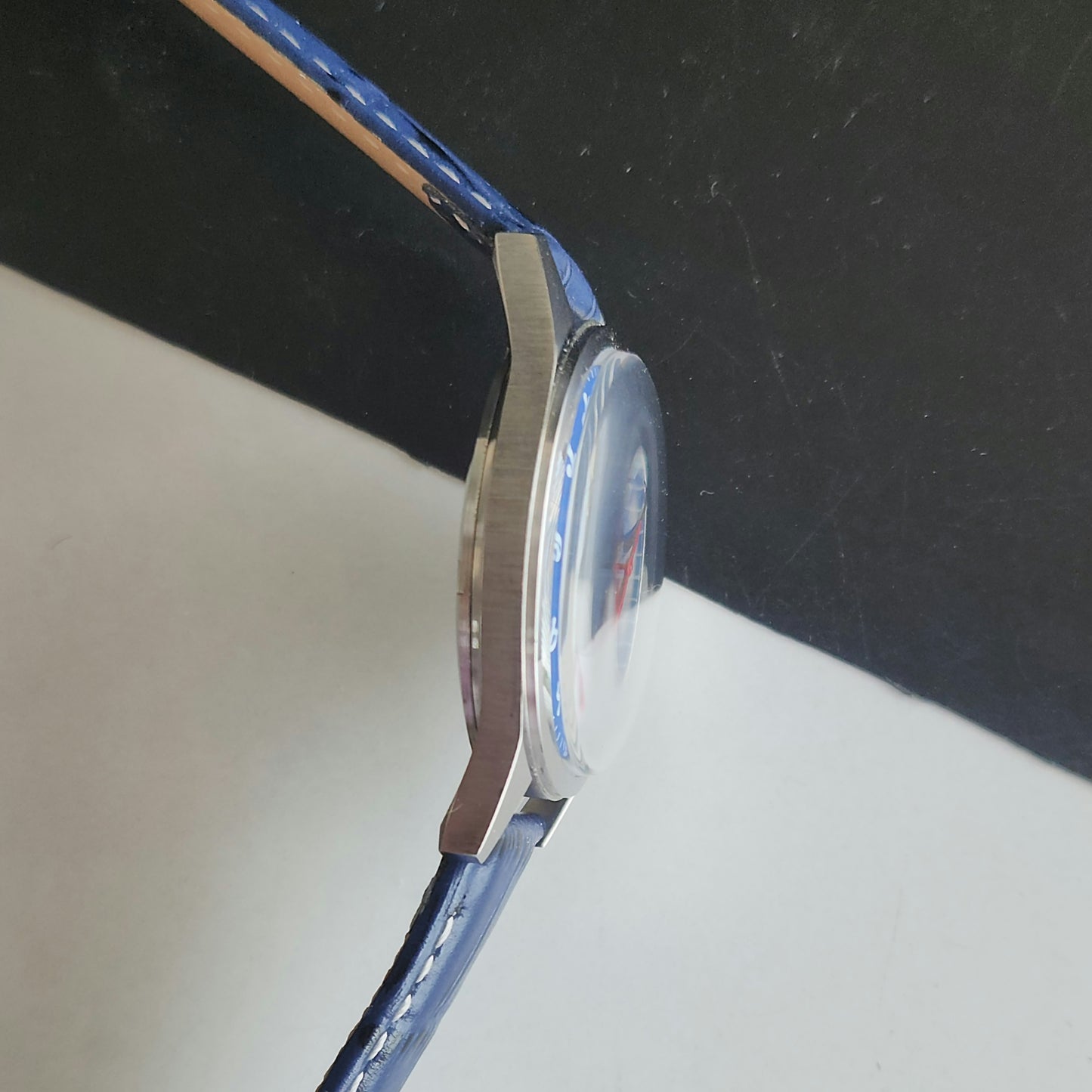 Vintage MOD HMT Janata Bangla Hand Winding 17 Jewels Blue Face Blue Leather Strap Men's Wrist Watch J35