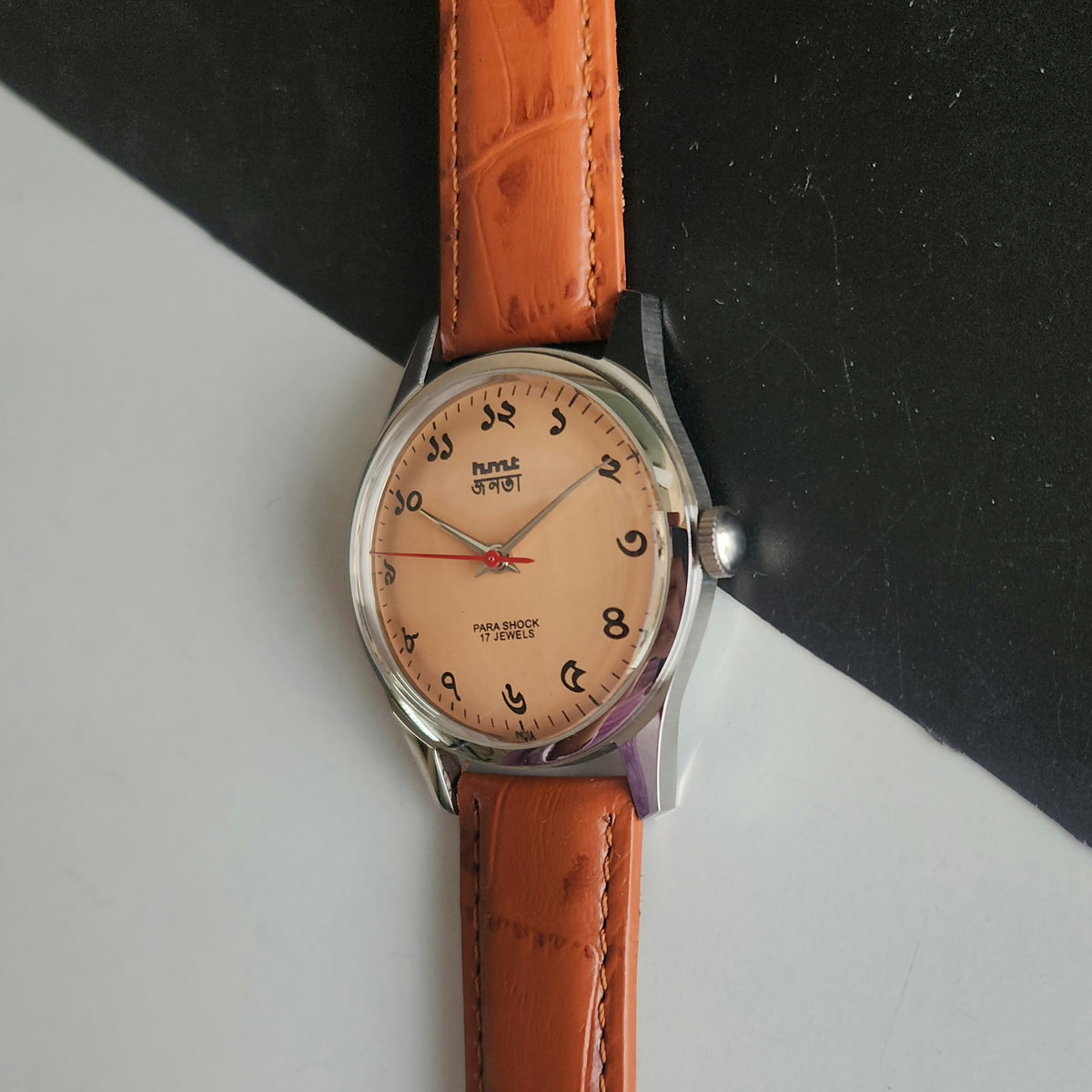Vintage MOD HMT Janata Bangla Hand Winding 17 Jewels Peach Face Tan Leather Strap Men's Wrist Watch J36