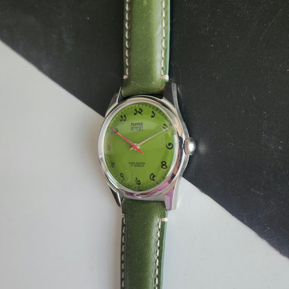 Vintage MOD HMT Janata Bangla Hand Winding 17 Jewels Green Face Green Leather Strap Men's Wrist Watch J37