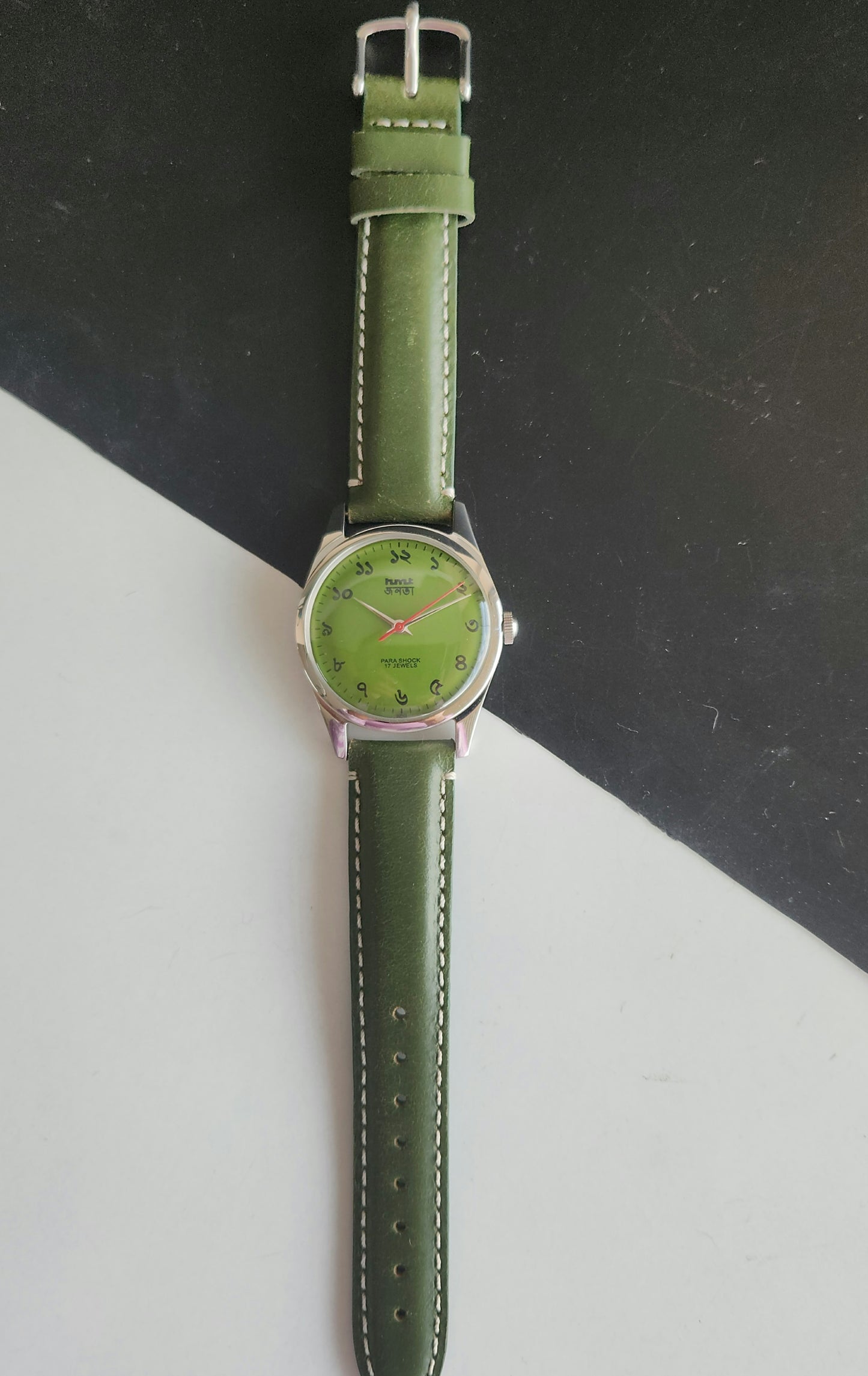 Vintage MOD HMT Janata Bangla Hand Winding 17 Jewels Green Face Green Leather Strap Men's Wrist Watch J37