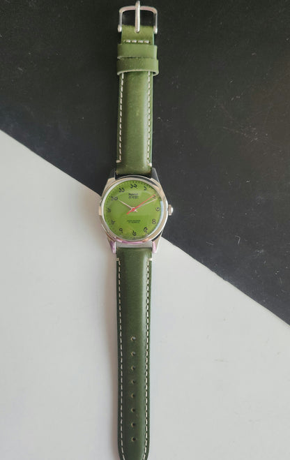 Vintage MOD HMT Janata Bangla Hand Winding 17 Jewels Green Face Green Leather Strap Men's Wrist Watch J37
