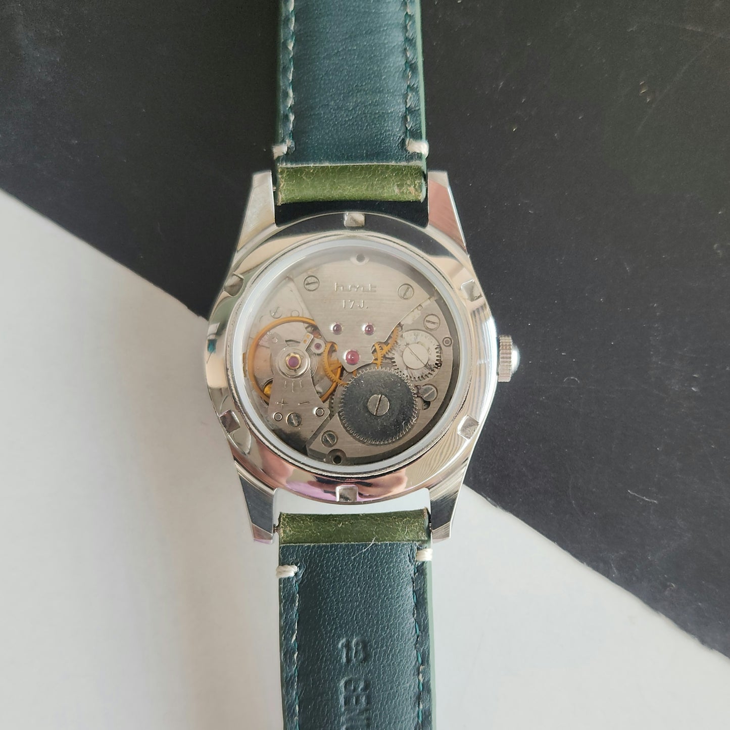 Vintage MOD HMT Janata Bangla Hand Winding 17 Jewels Green Face Green Leather Strap Men's Wrist Watch J37