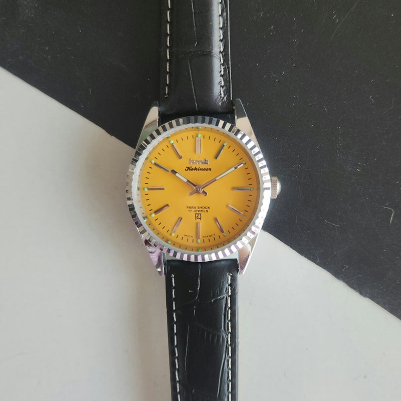 Vintage Mod HMT Kohinoor Hand Winding 17 Jewels Yellow Face Fluted Bezel Black Croco Leather Strap Men's Wrist Watch J47