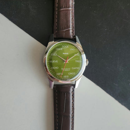 Vintage MOD HMT Spanish Hand Winding 17 Jewels Green Face Brown leather Strap Men's Wrist Watch J48