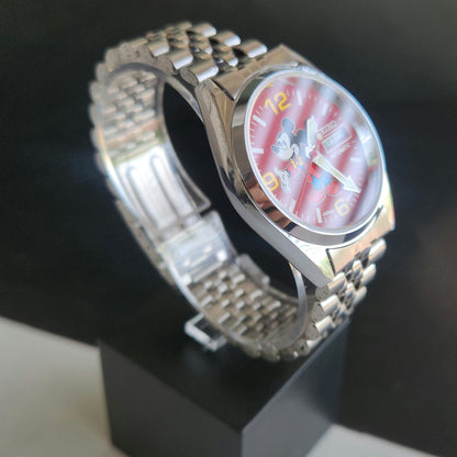 Vintage MOD Seiko 5 Automatic 23 Jewels Cal.6349 Red Face Repainted Mickey Mouse Jubilee Bracelet Men's Wrist Watch J50