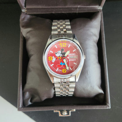 Vintage MOD Seiko 5 Automatic 23 Jewels Cal.6349 Red Face Repainted Mickey Mouse Jubilee Bracelet Men's Wrist Watch J50