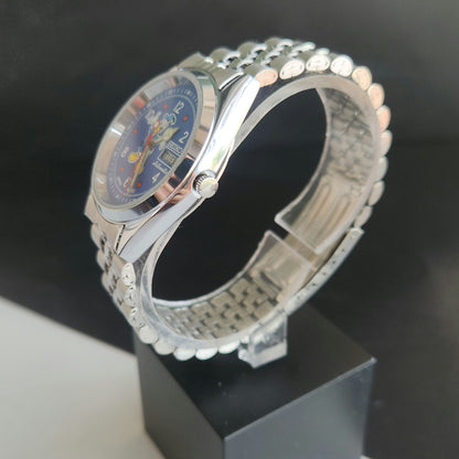 Vintage MOD Seiko 5 Automatic 17 Jewels Cal.6309 Blue Face Repainted Mickey Mouse Jubilee Bracelet Men's Wrist Watch J51