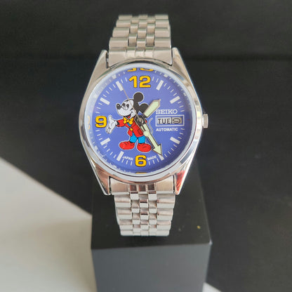 Vintage MOD Seiko 5 Automatic 23 Jewels Cal.6349 Sillver Face Repainted Mickey Mouse Jubilee Bracelet Men's Wrist Watch J53