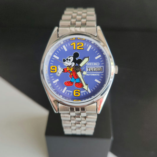 Vintage MOD Seiko 5 Automatic 23 Jewels Cal.6349 Sillver Face Repainted Mickey Mouse Jubilee Bracelet Men's Wrist Watch J53