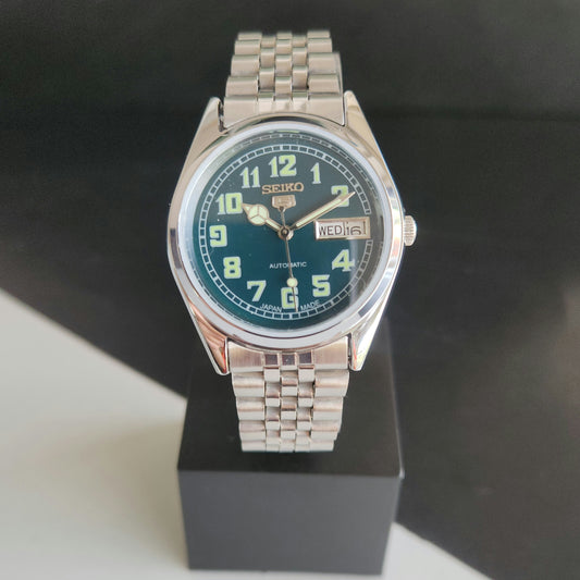Vintage MOD Seiko 5 Automatic 23 Jewels Cal.6349 Teal Green Face Jubilee Bracelet Men's Wrist Watch J57
