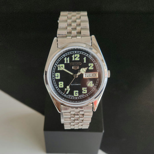 Vintage MOD Seiko 5 Automatic 17 Jewels Cal.6309 Black Face Jubilee Bracelet Men's Wrist Watch J61