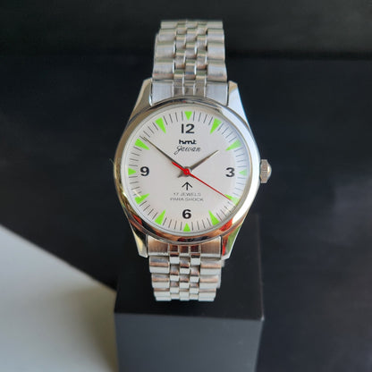 Vintage HMT Jawan Hand Winding 17 Jewels White Face Green Leather Strap Men's Wrist Watch J38
